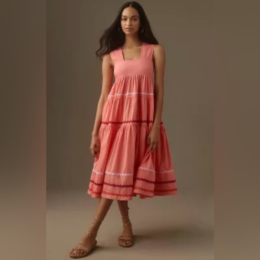 Anthropologie Helena Square Neck Tiered Midi Dress- Smocked Scallop Edition